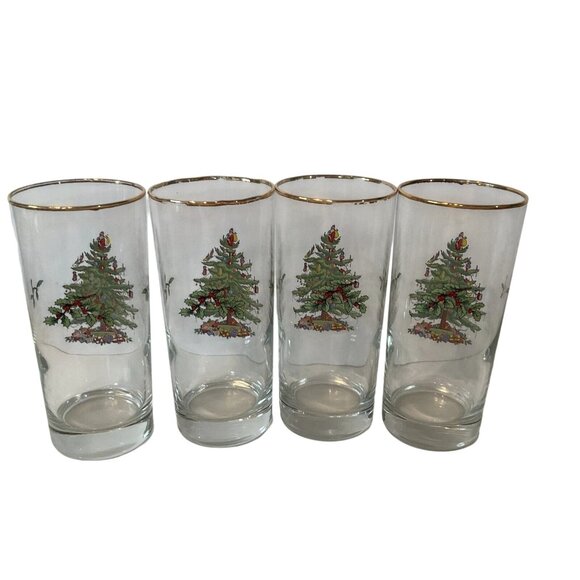 4 Spode Christmas Tree Gold Trim Glasses Rubs Rims  Tall - Picture 2 of 3